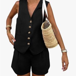 Black Sleeveless Button-Up Tank Top/Shorts Set